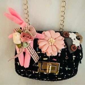 Black Tweed Mini Crossbody with Pink Floral Accents